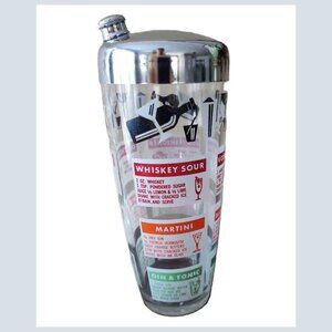 Vintage Glass Cocktail Shaker Mixer Hazel Atlas With 12 Recipes MCM Chrome Lid